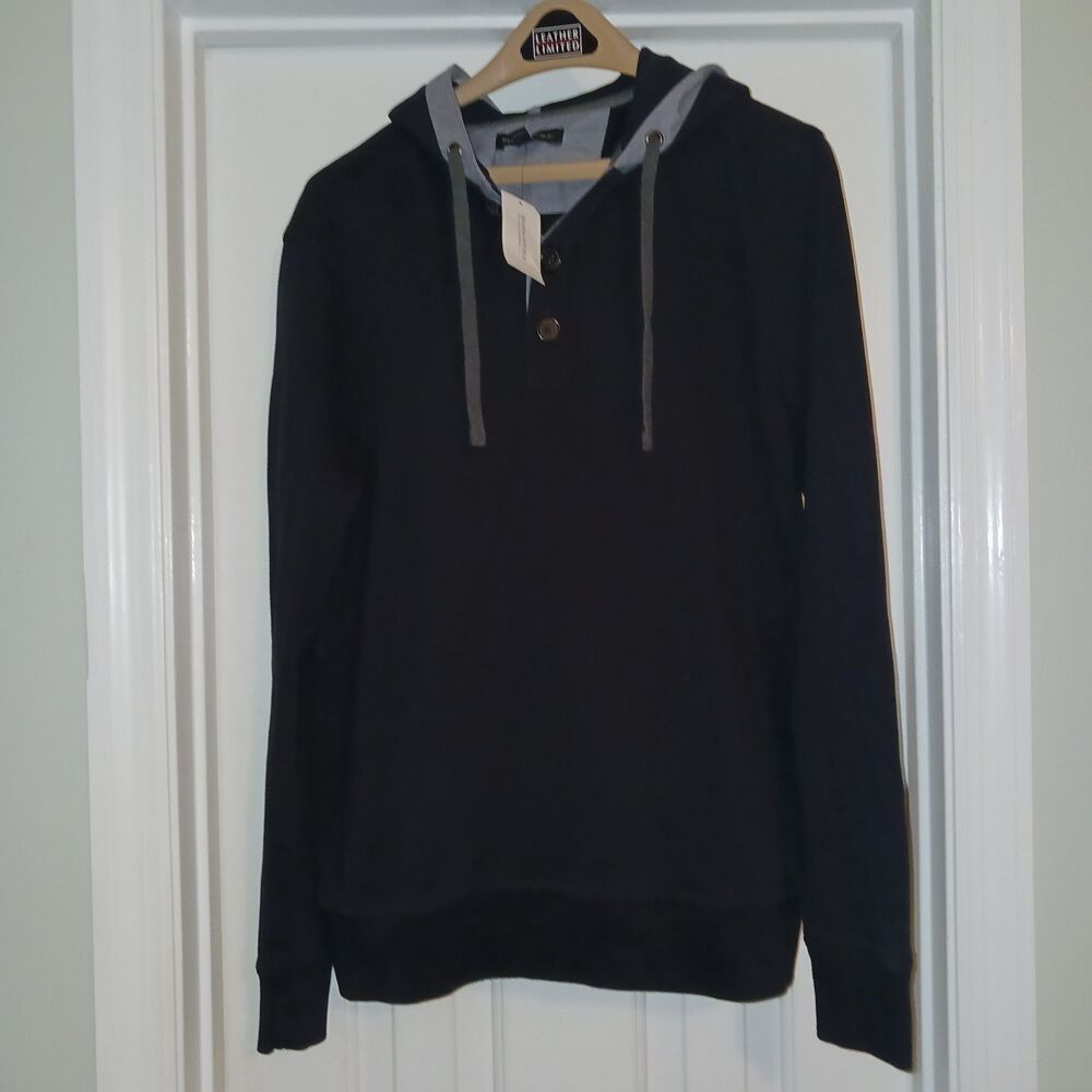 Banana Republic Hoodie Pull Over Men's M Black Gray 3 Button Drawstring